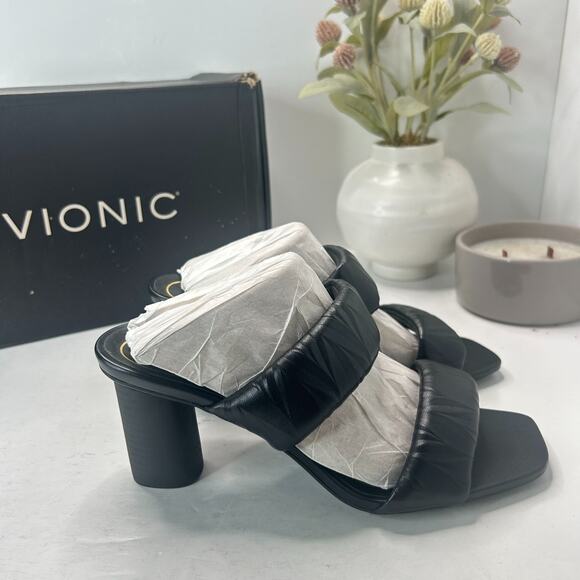 Vionic Emaline Mule Heel Ruched Leather Strappy Sandals Black Women 7M Tried On - Picture 3 of 10